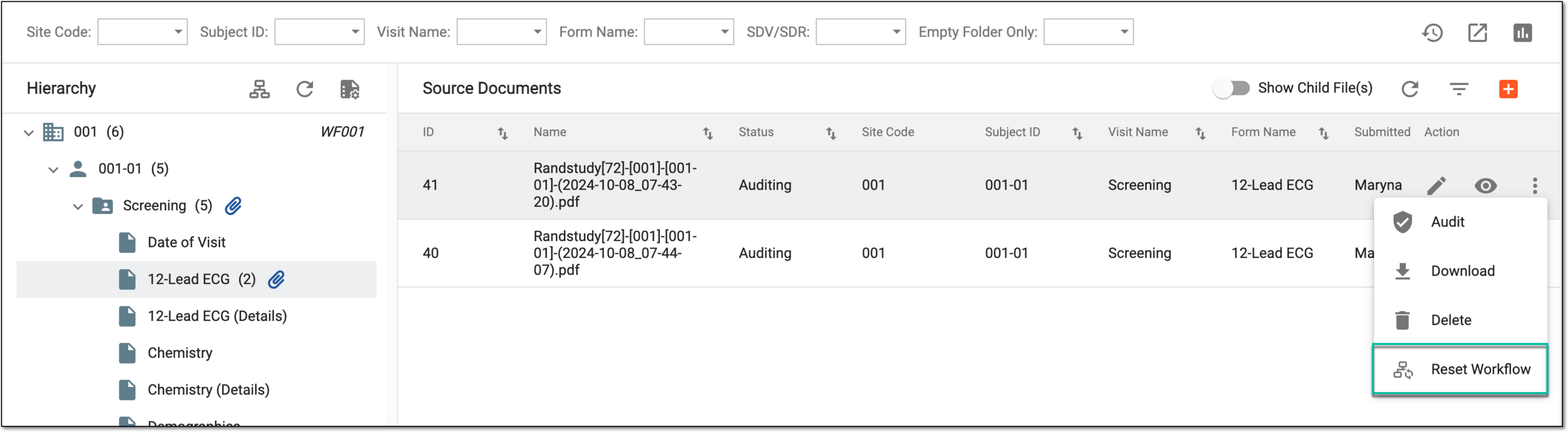 Resetting source document workflow