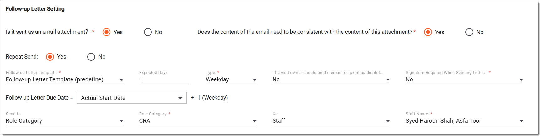 Defining follow-up letter settings. Monitoring configurations