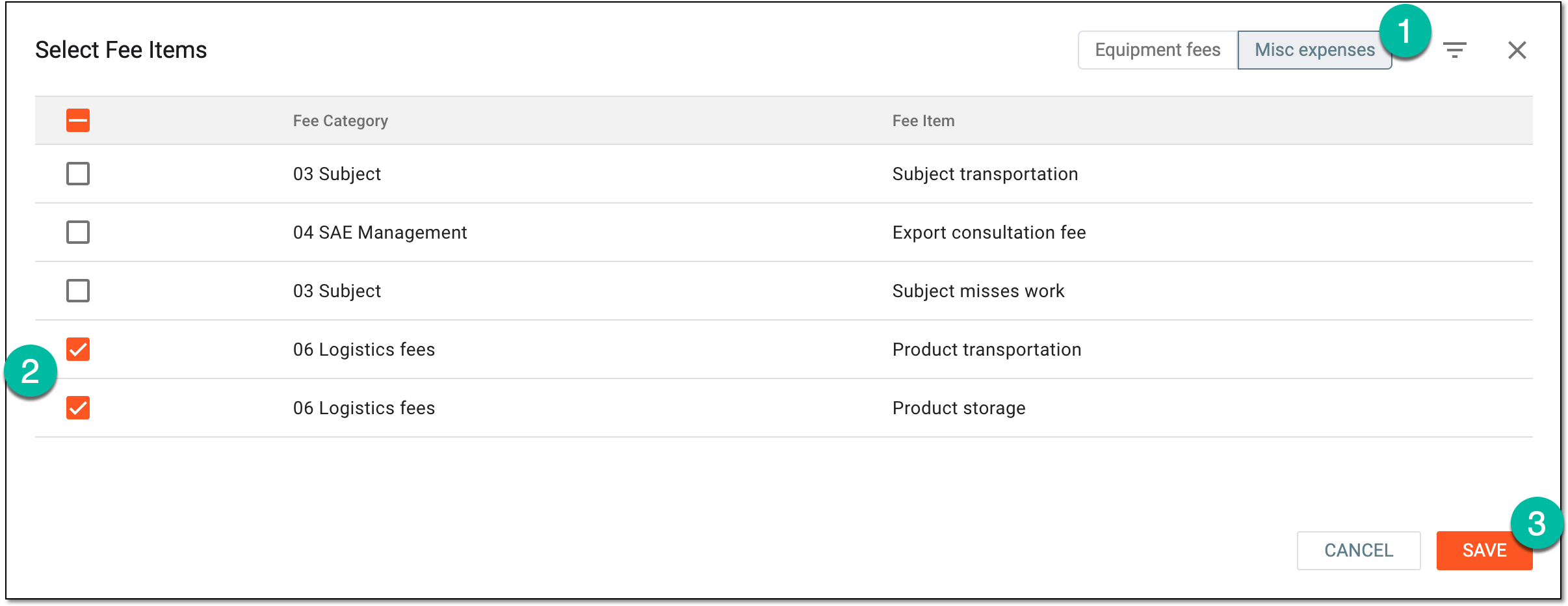 Selecting fee items by invoice