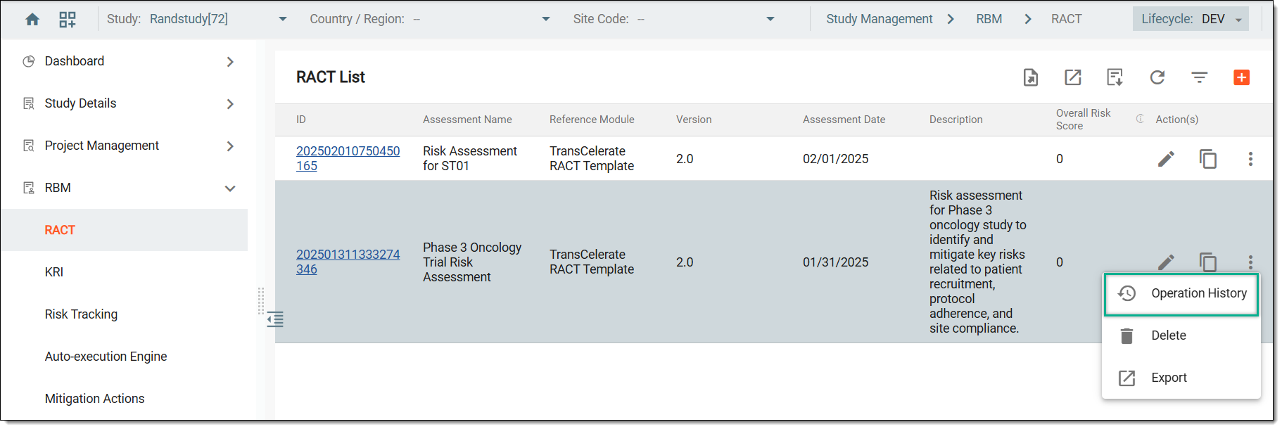 Accessing risk assessment operation history