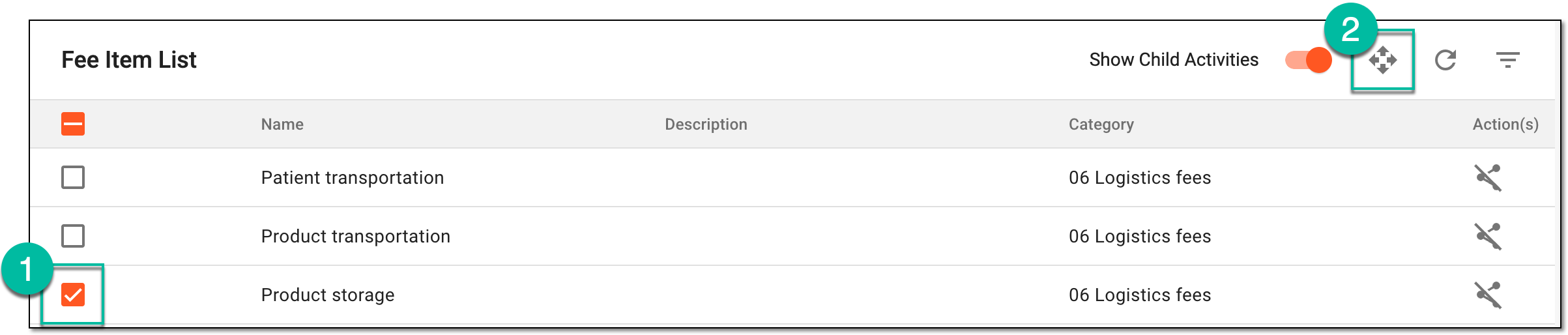 Selecting fee items to be moved