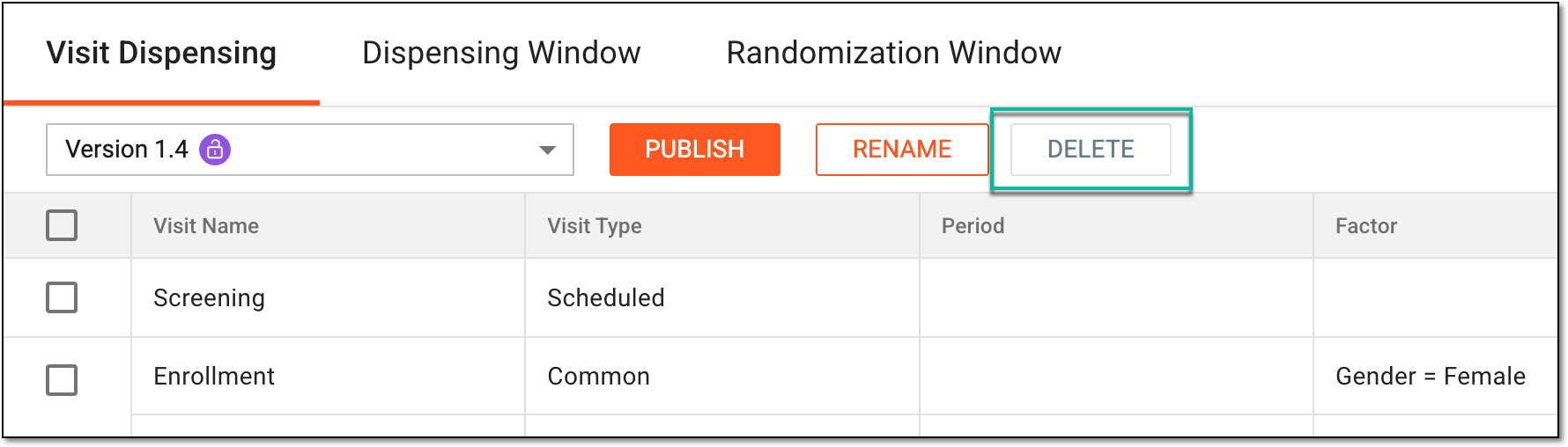 Deleting dispensing visit setting version