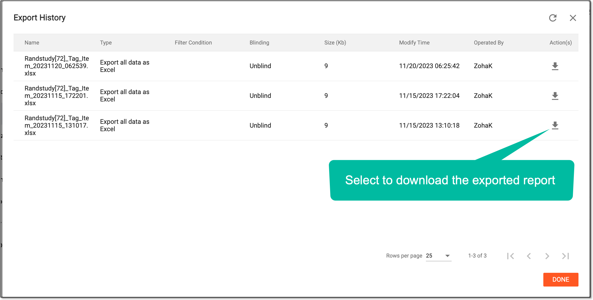 Downloading report from export history