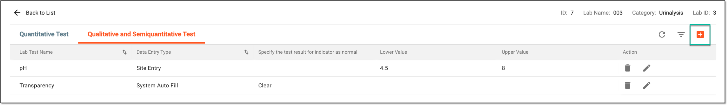 Selecting option to add qualitative and semiquantitative test normal range value