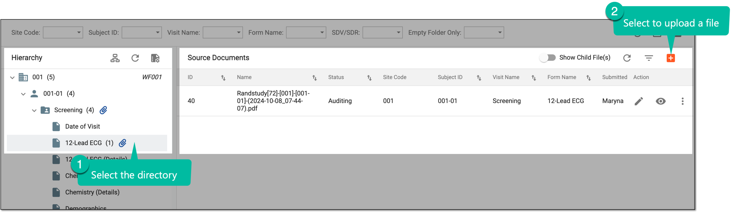 Selecting to upload file