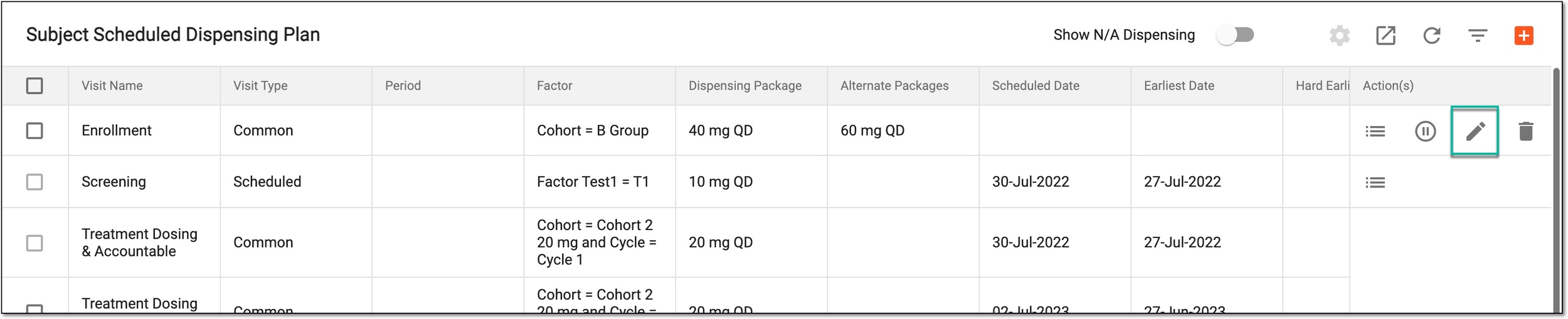 Selecting to edit dispensing plan visit