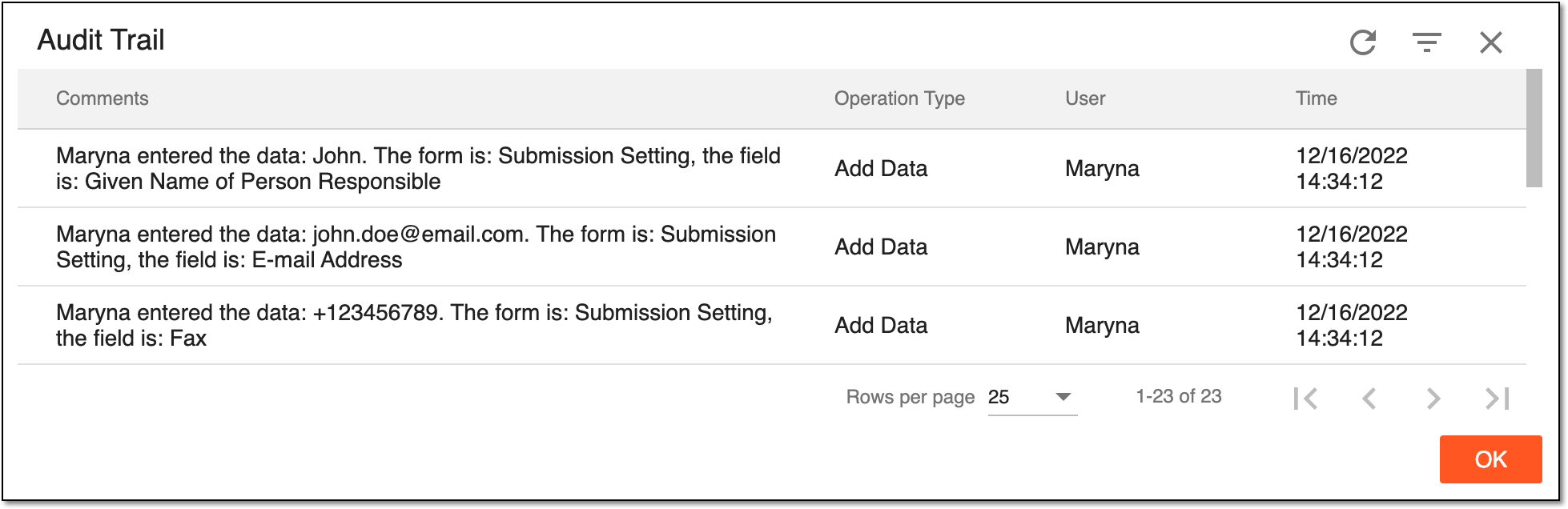 Examining submission setting audit trail