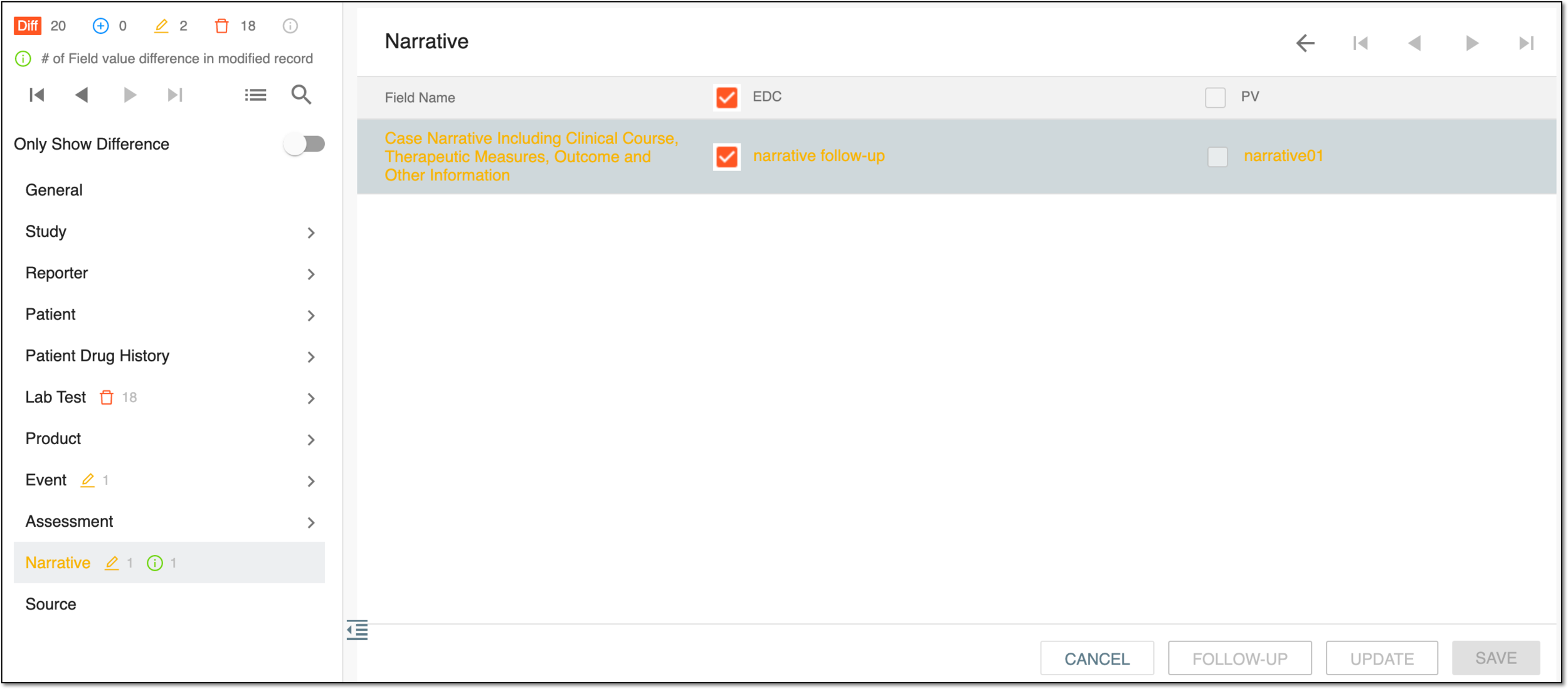 Reviewing differences between follow-up and previous data