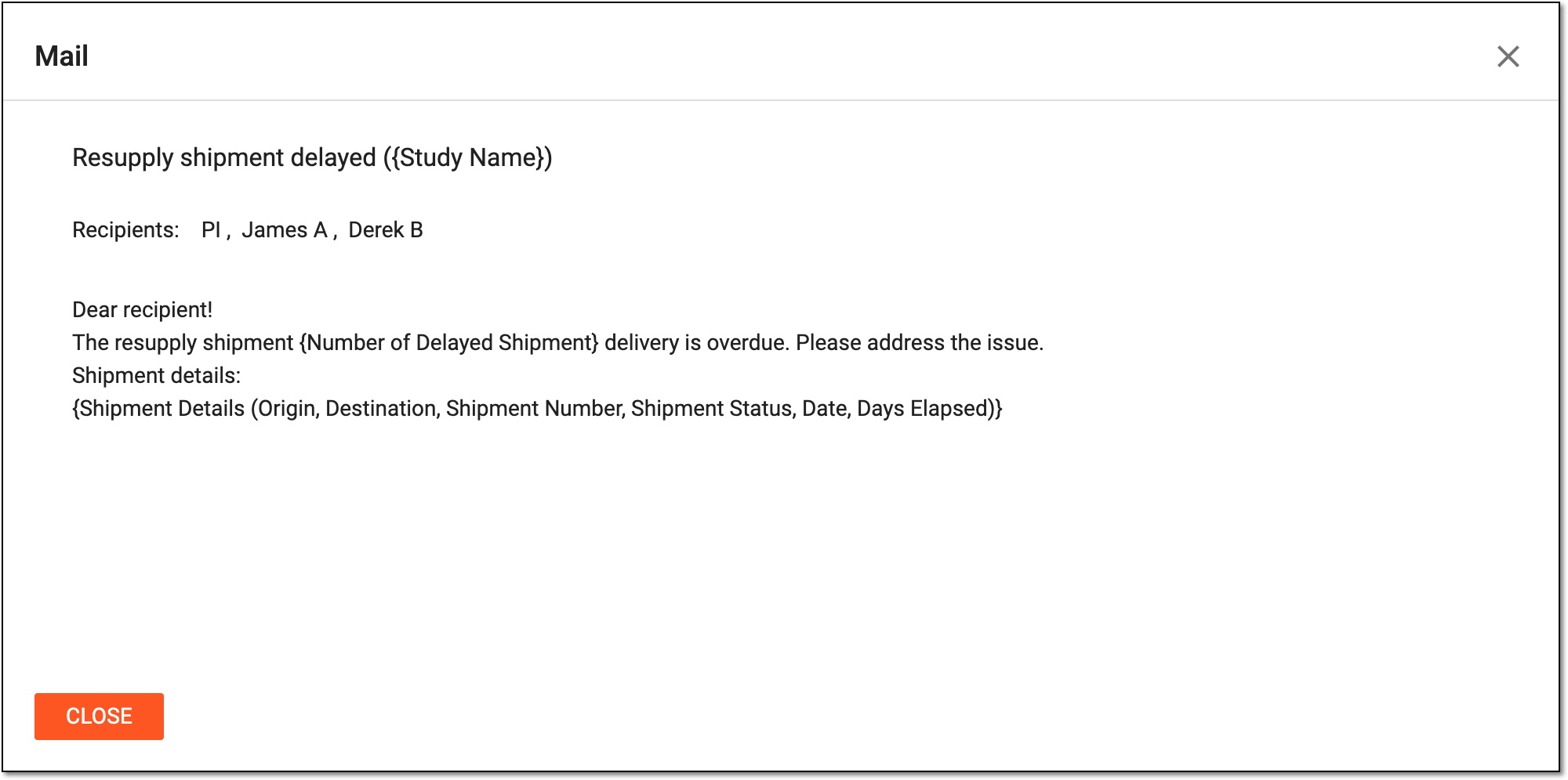Previewing delayed shipment alert email