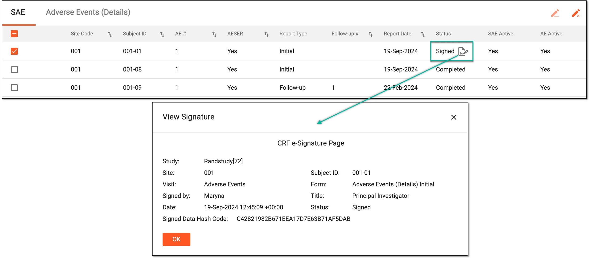 Reviewing SAE signature details