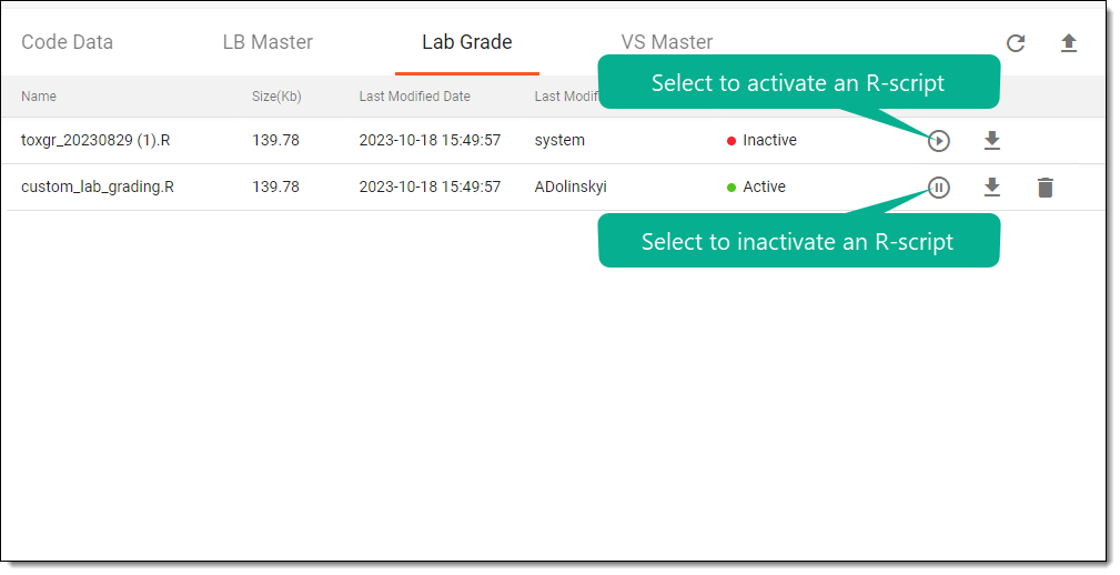Activating and inactivating lab grading script