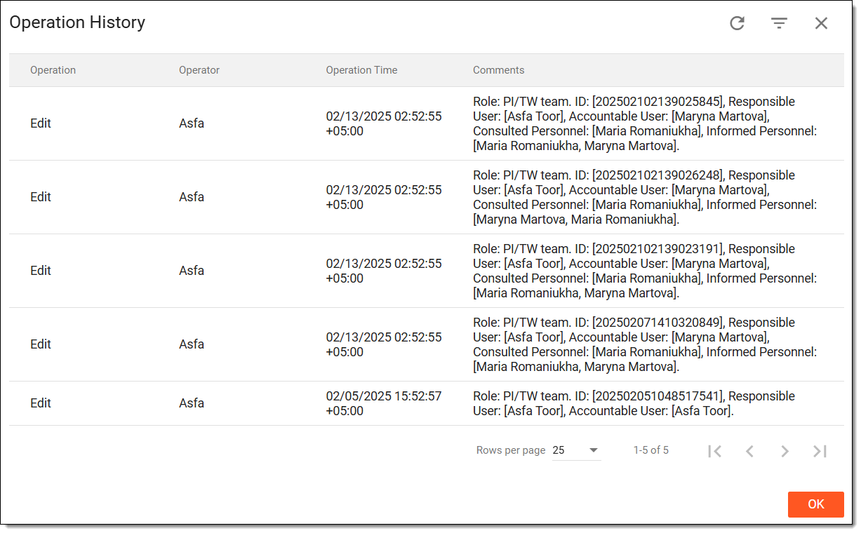 Viewing operation history of RACI matrix
