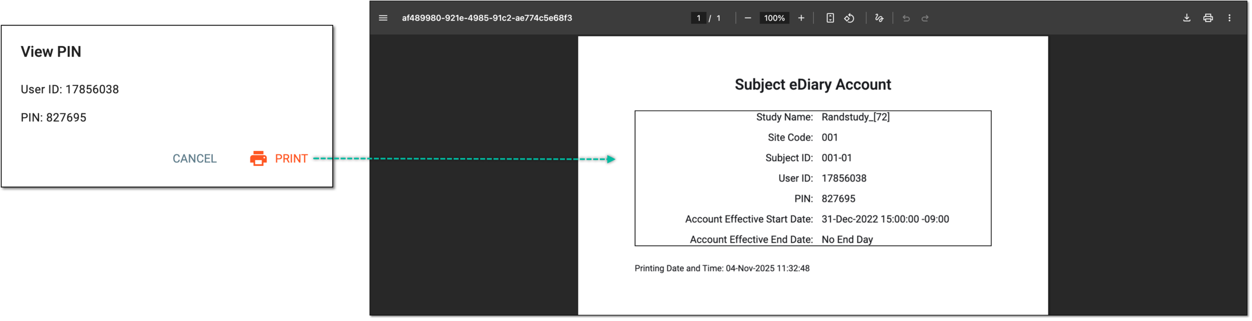 Printing user ID and PIN