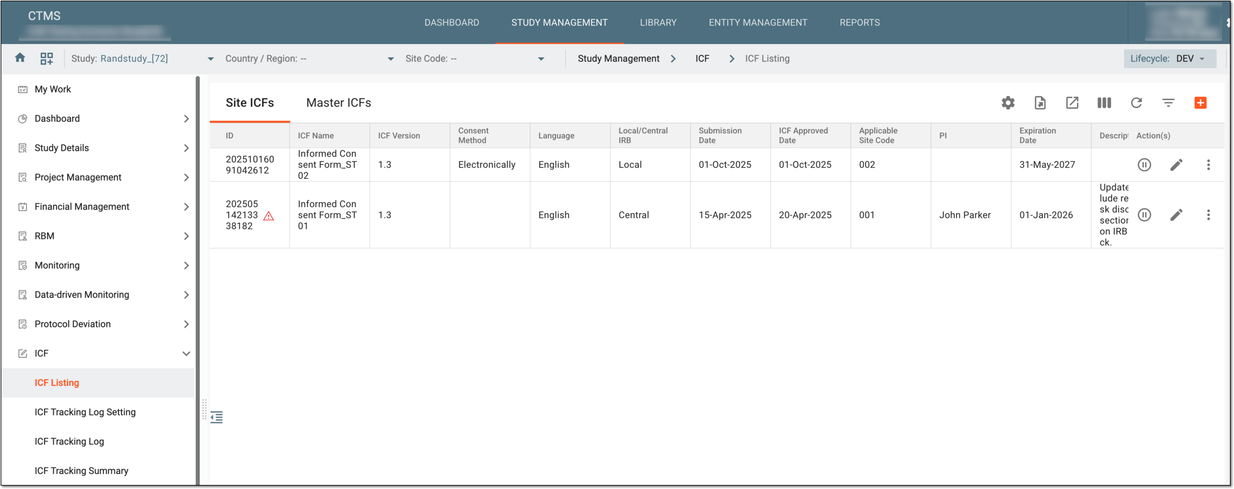 ICF listing module in CTMS