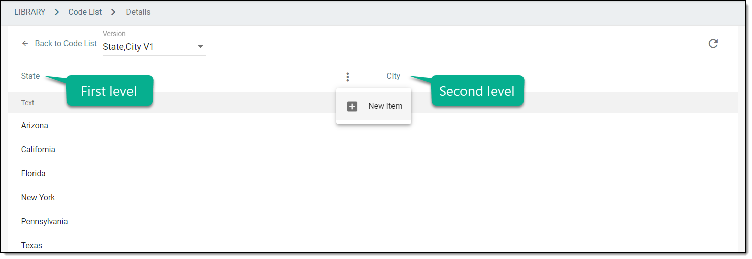 Selecting option to add data item to first level