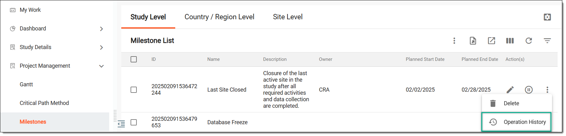 Accessing option to view operation history in study