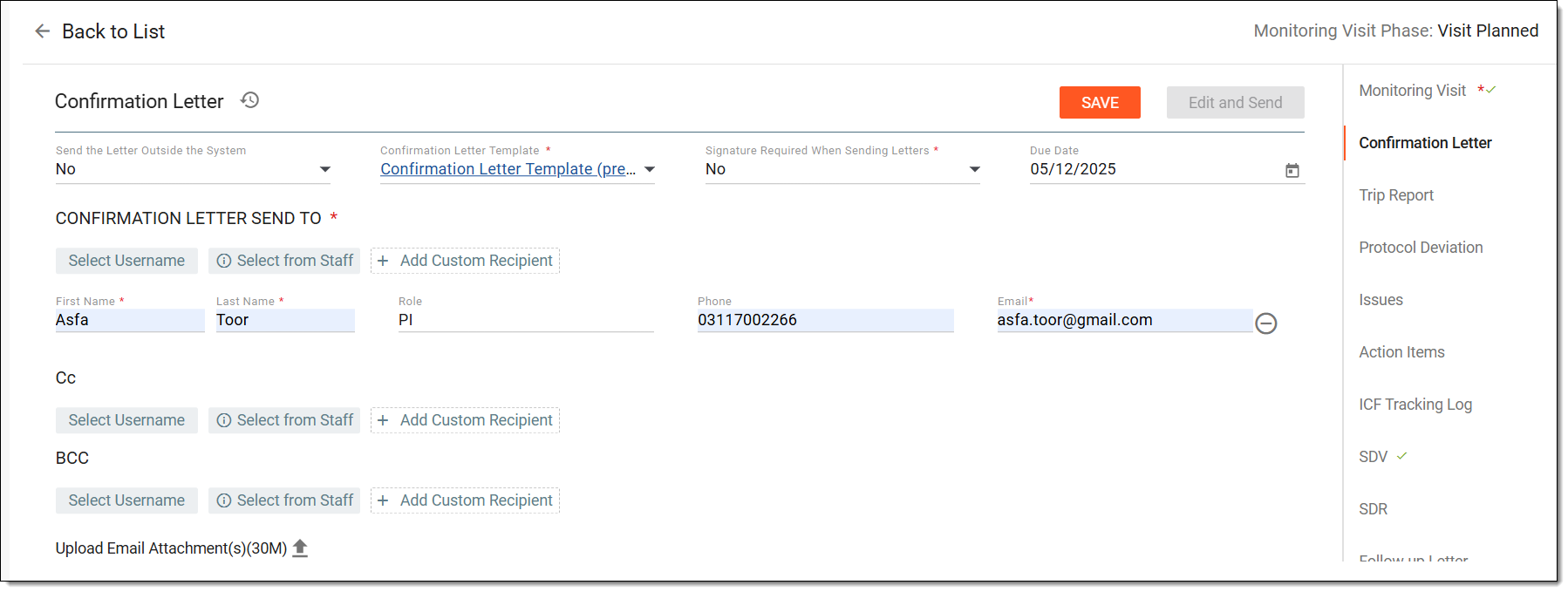 Configuring confirmation letter email