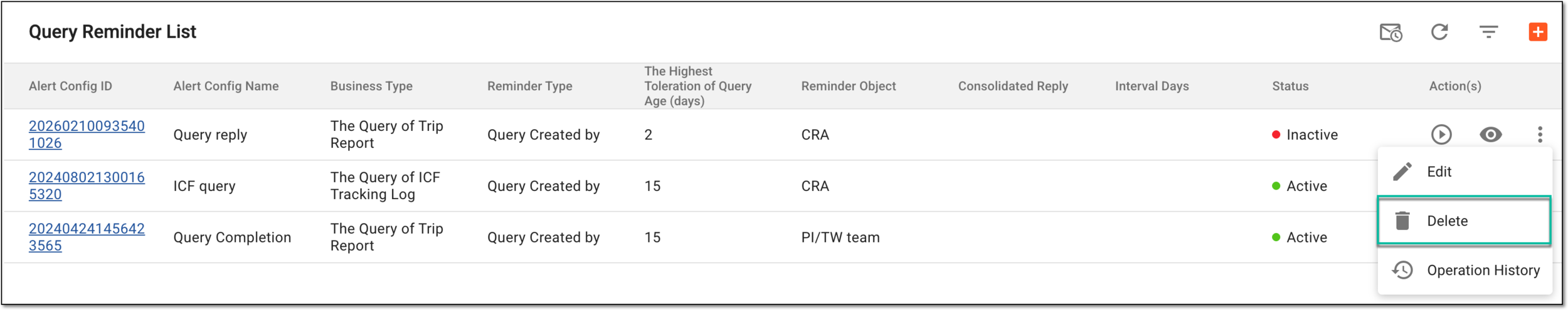 Selecting option to delete query reminder