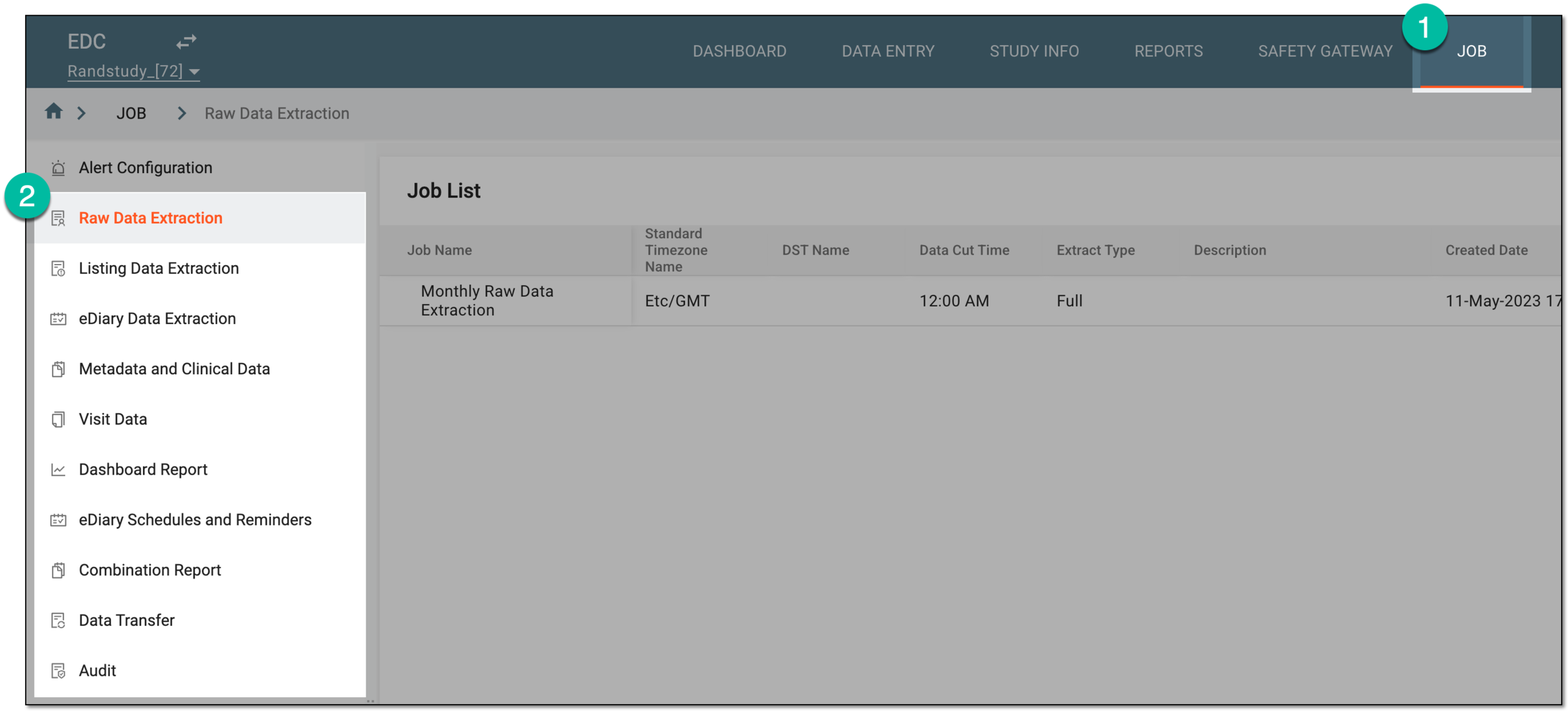 Accessing data extraction job configuration
