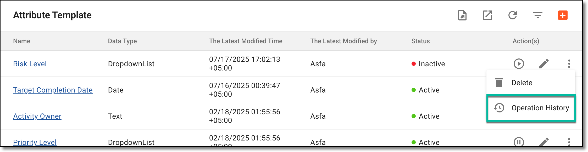 Accessing attribute template operation history