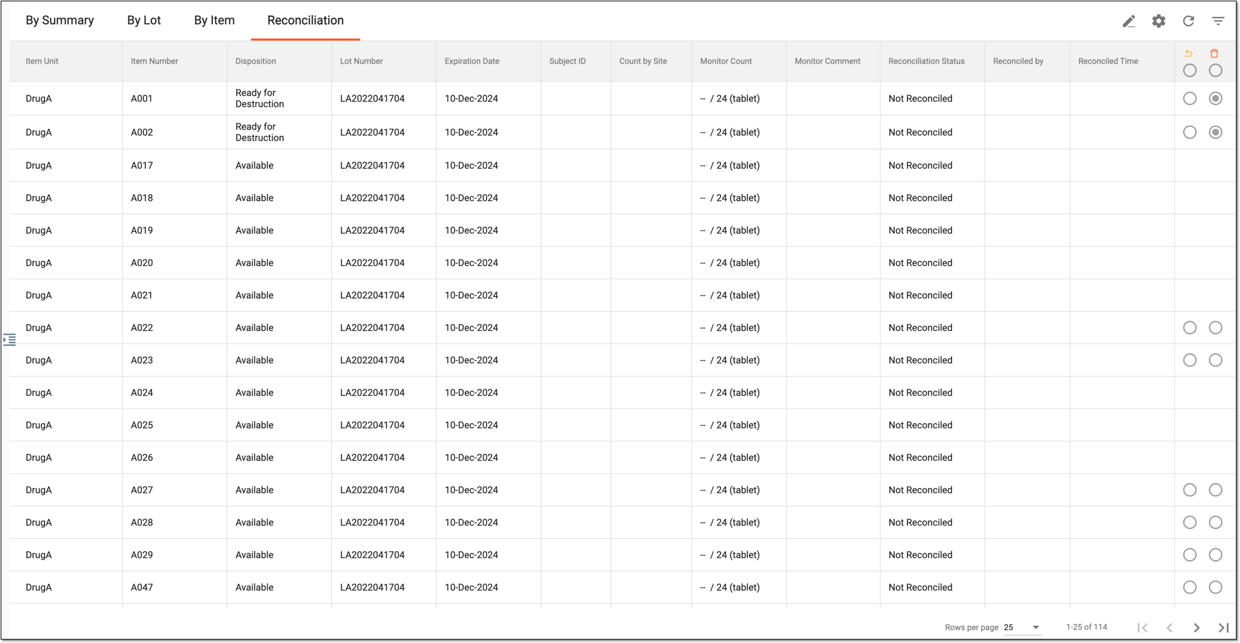 Reconciliation list for site