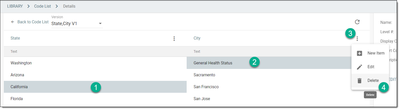 Selecting option to delete data item