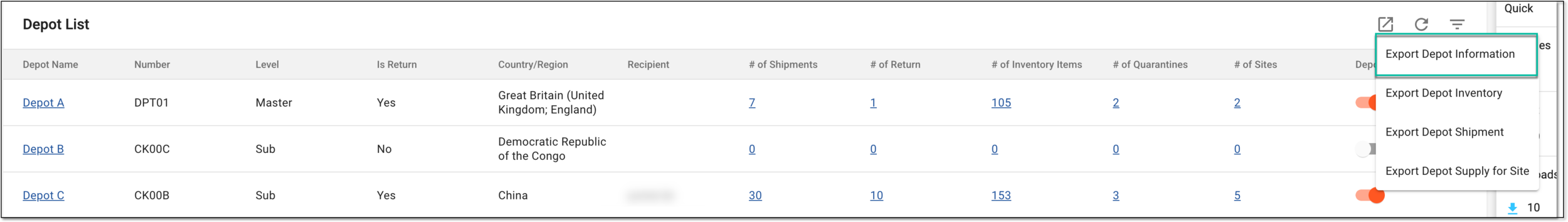 Exporting depot information