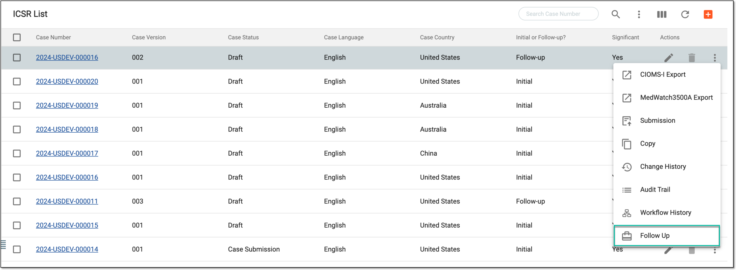 Creating follow-up from ICSR list