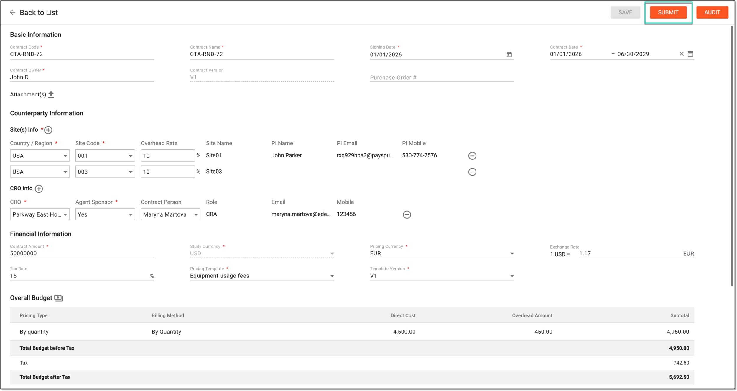 Submitting contract