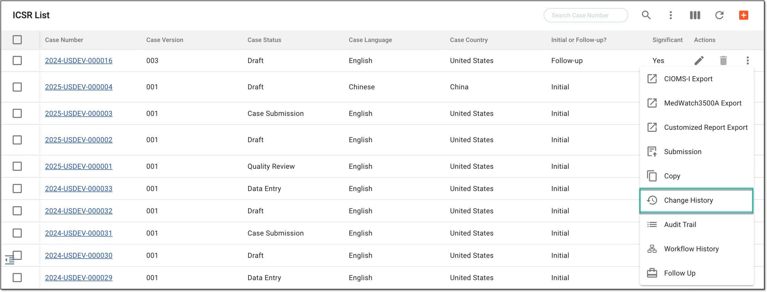 Accessing change history for single ICSR