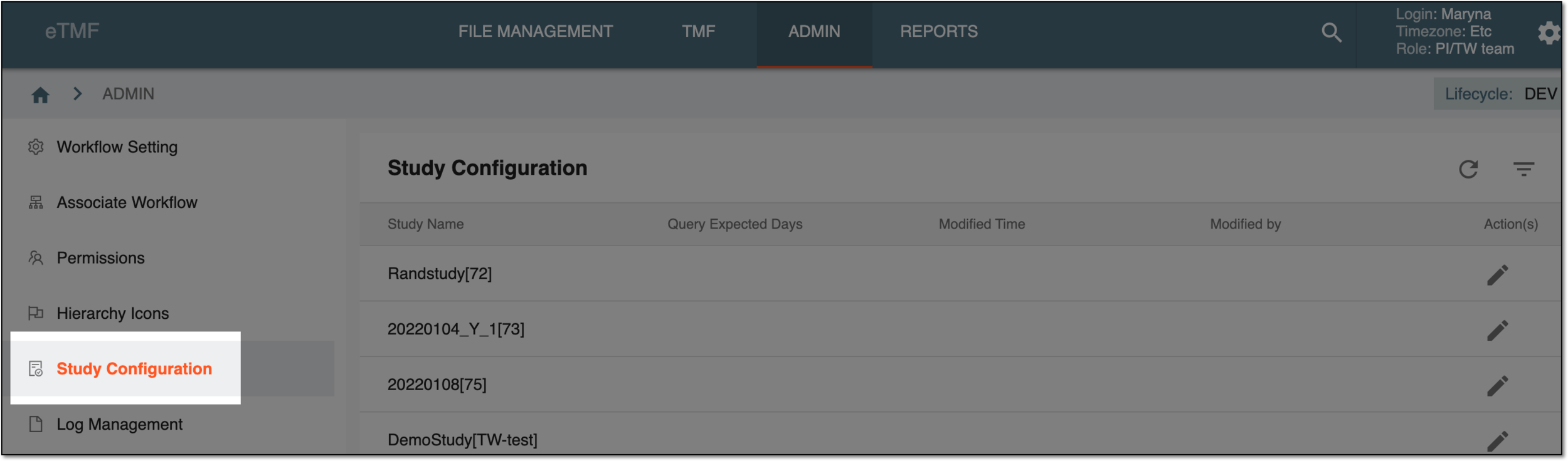 Selecting Study Configuration subtab