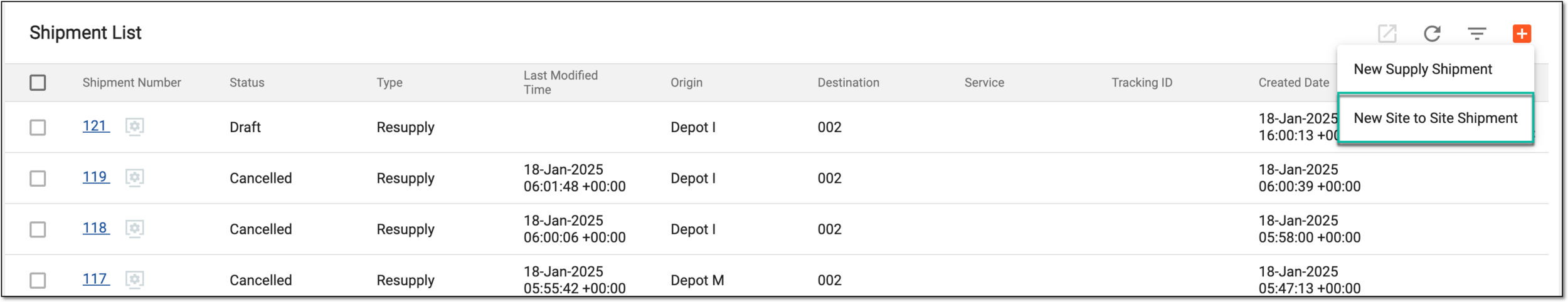 Selecting to create new site-to-site shipment