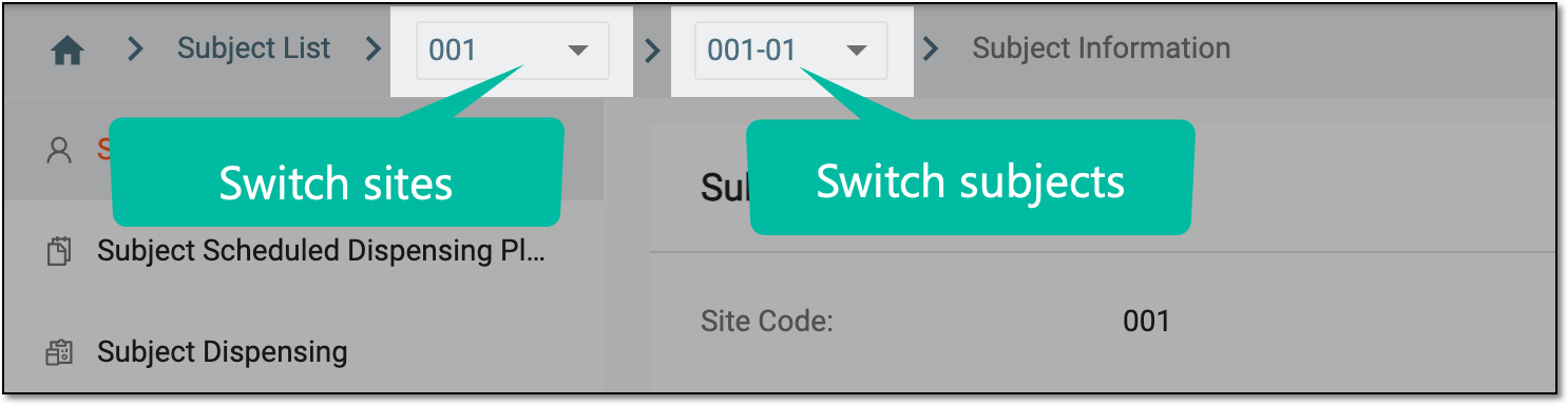 Switching between sites and subjects from breadcrumbs