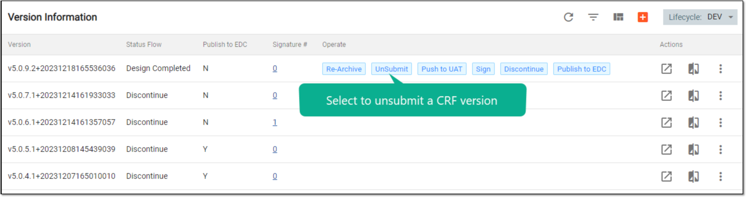 Selecting to unsubmit CRF version