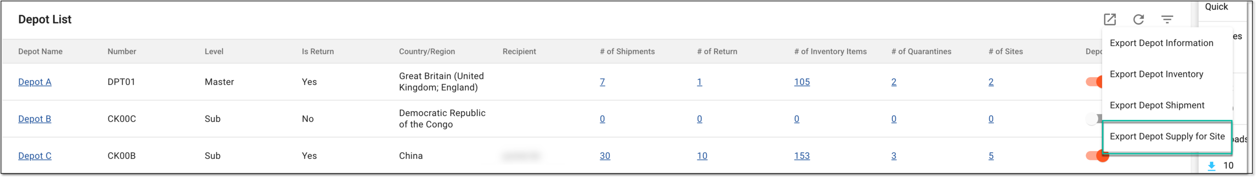 Exporting depot supply for site data