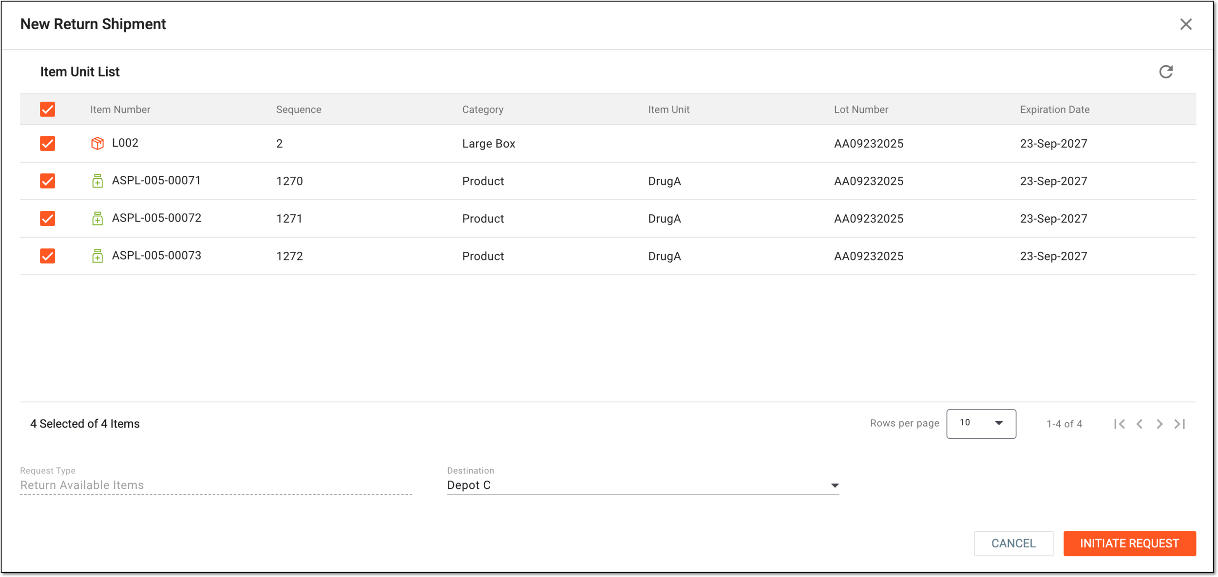 Creating return shipment with available items
