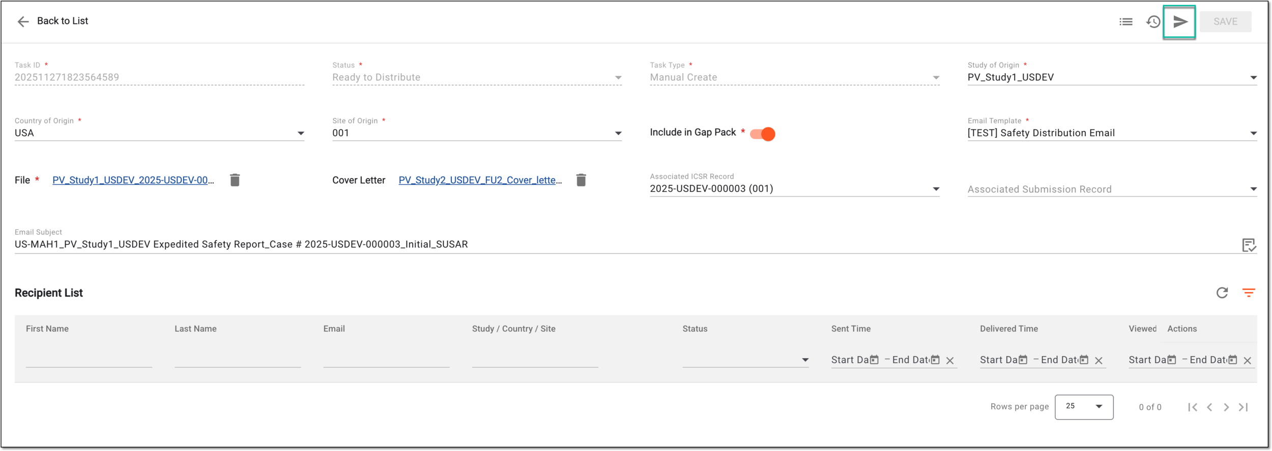Selecting option to distribute safety data