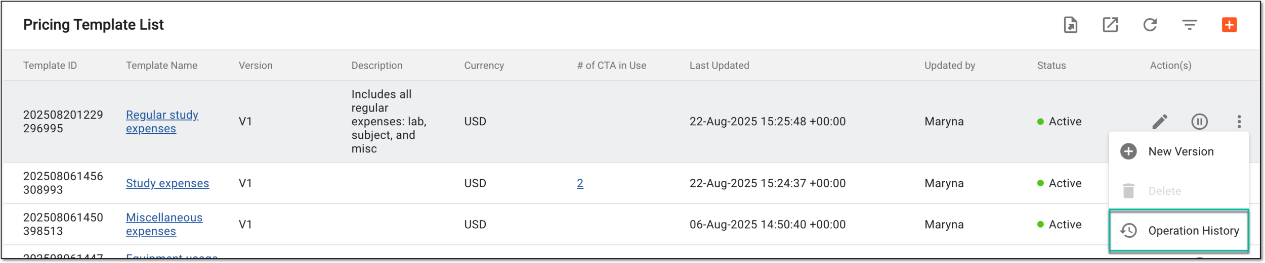 Accessing operation history for pricing template