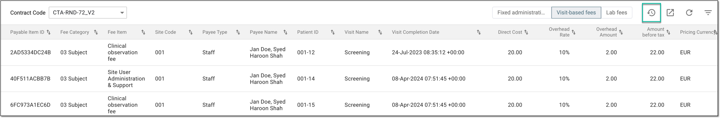Accessing export history for payable item list