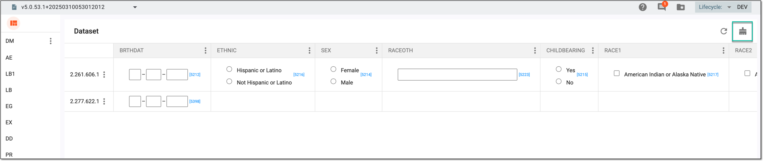 Selecting option to clear dataset