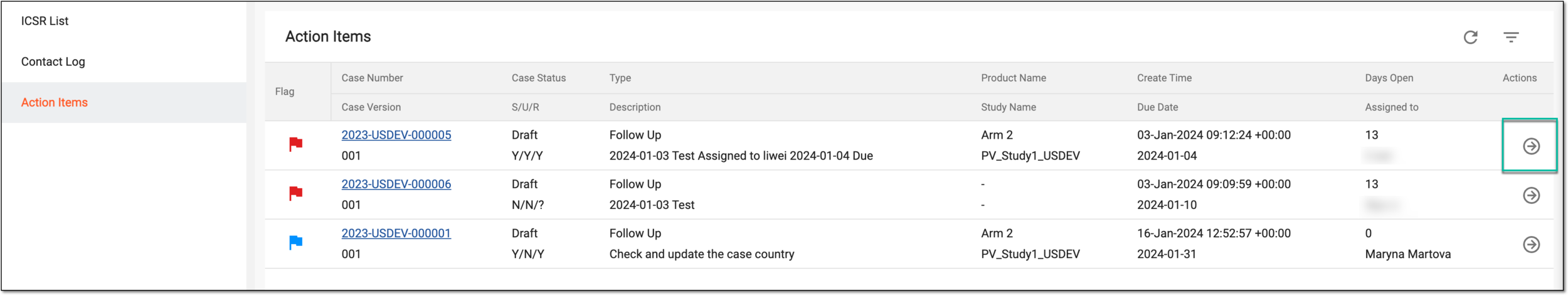 Accessing action items from ICSR list page