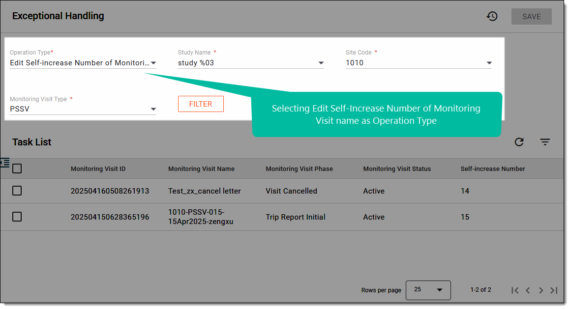 Selecting self-increase number of monitoring visit name