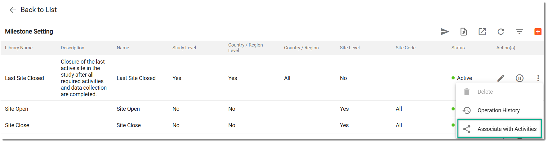 Selecting associate milestone with activity option