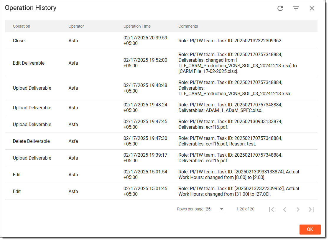 Viewing task operation history