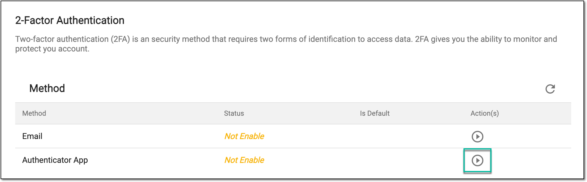 Selecting to enable 2FA via authentication app