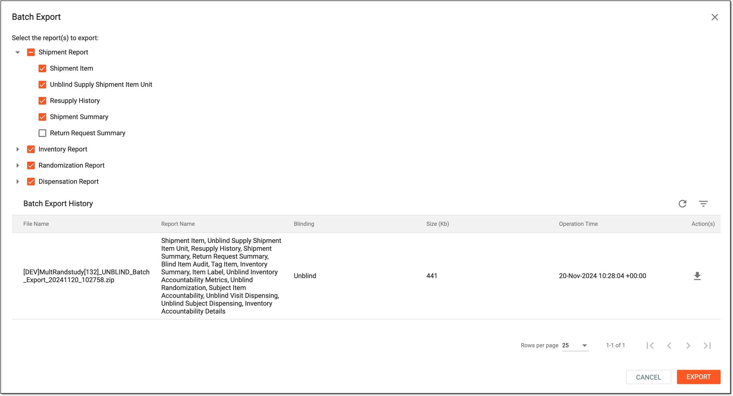 Selecting reports to export in batch
