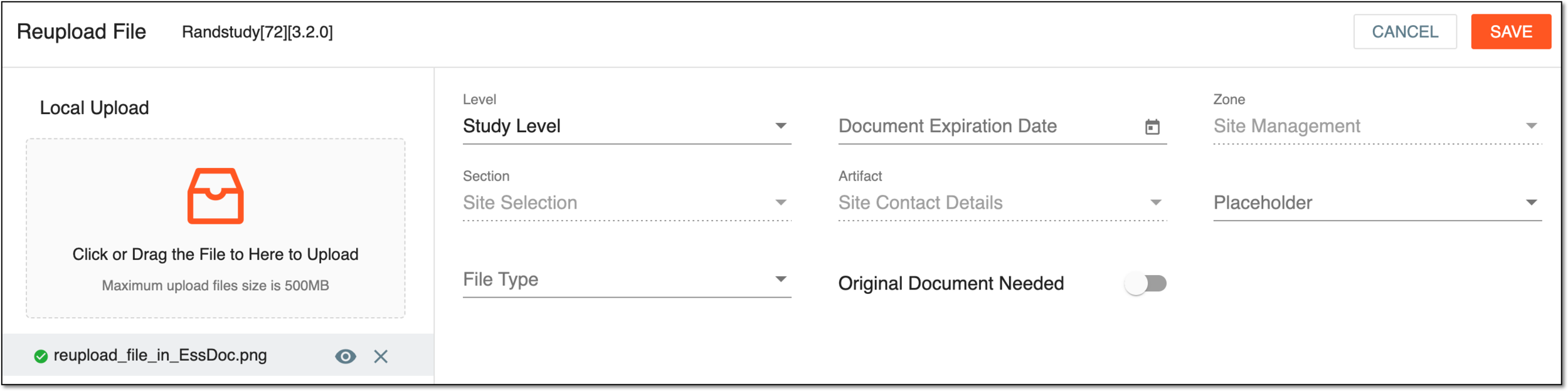 Uploading file from Essential Documents page