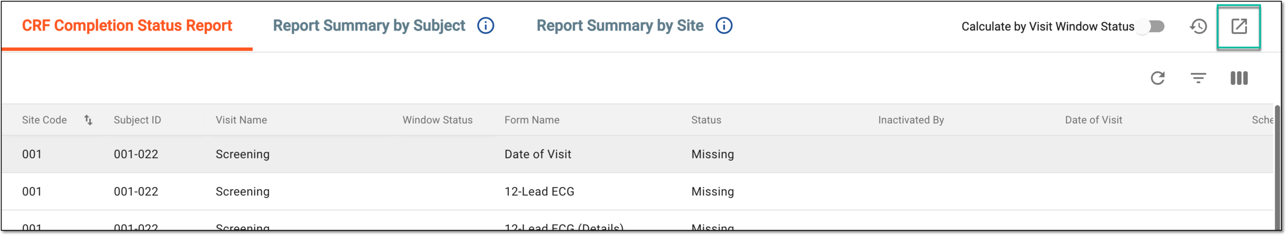 Selecting option to export CRF completion status data