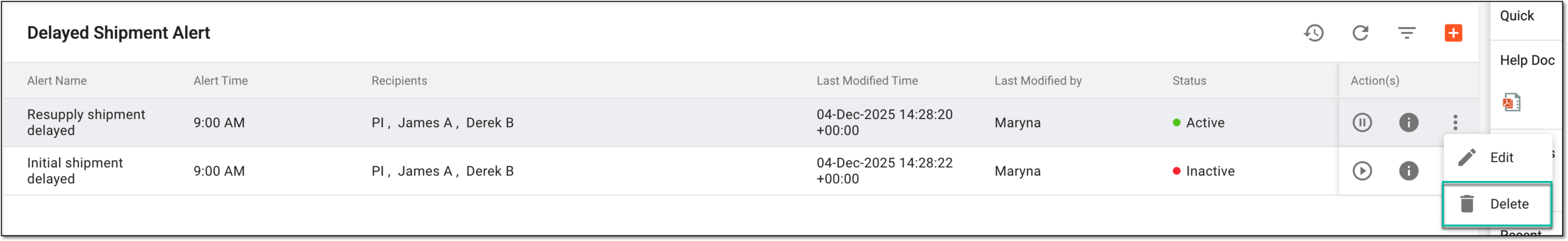 Deleting delayed shipment alert