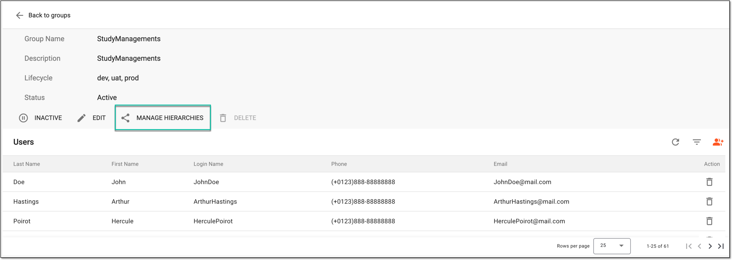 Accessing hierarchy management for user group from details page